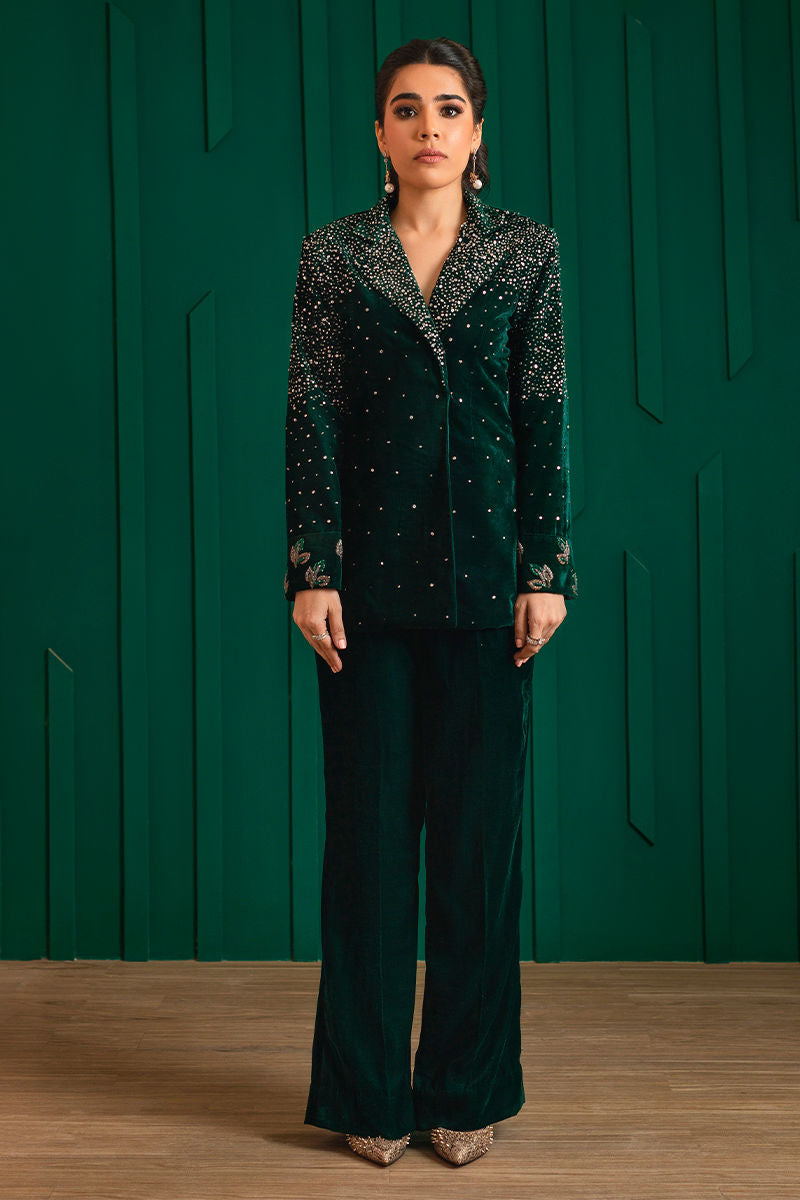 Deep Green Sequin Cutdana Velvet Jacket & Bell Bottoms (2-Piece) - Image 2