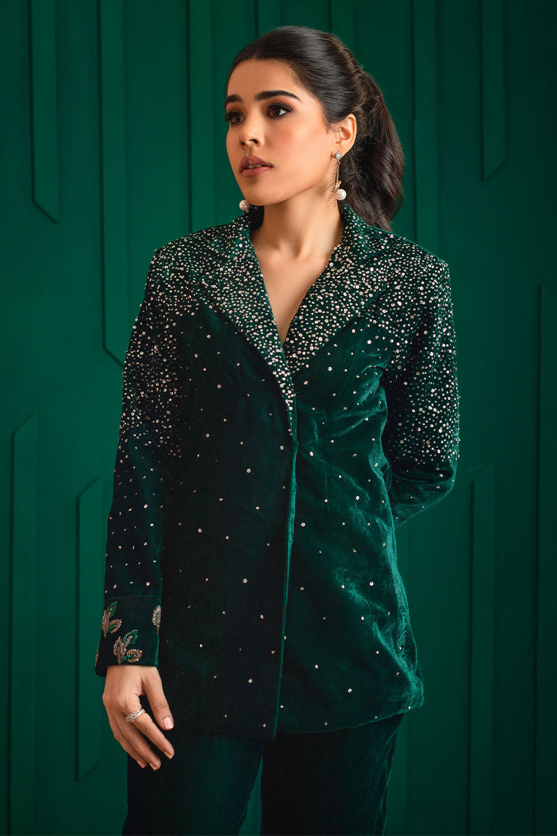 Deep Green Sequin Cutdana Velvet Jacket & Bell Bottoms (2-Piece) - Image 3