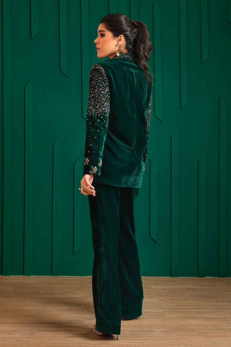 Deep Green Sequin Cutdana Velvet Jacket & Bell Bottoms (2-Piece) - Image 4