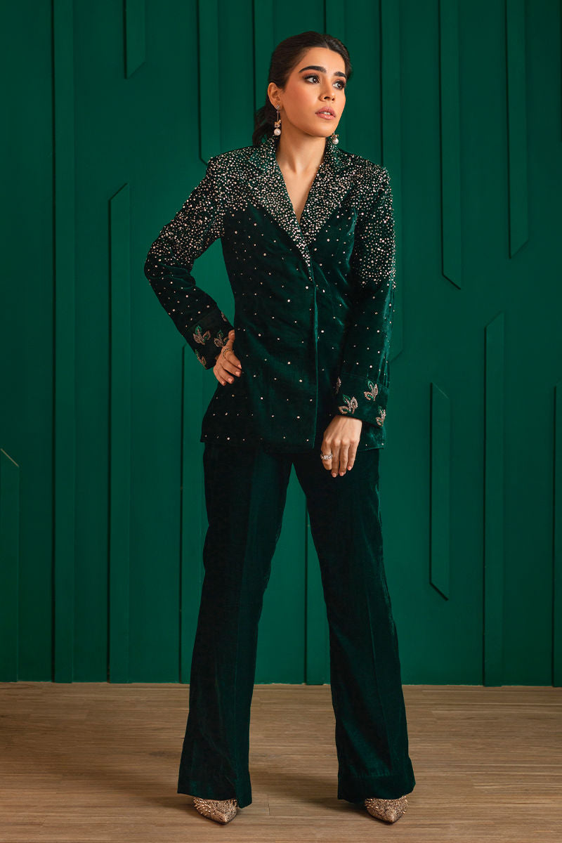 Deep Green Sequin Cutdana Velvet Jacket & Bell Bottoms (2-Piece) - Image 5