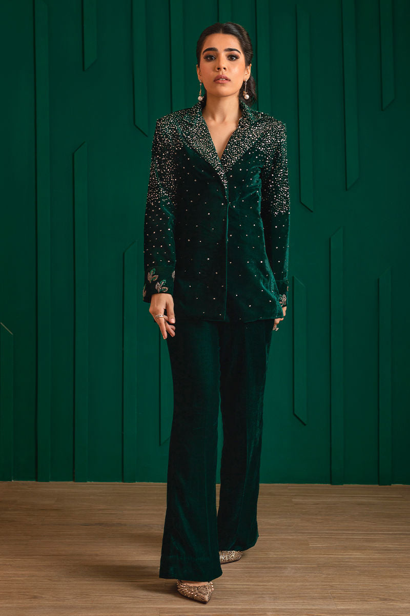 Deep Green Sequin Cutdana Velvet Jacket & Bell Bottoms (2-Piece) - Image 6