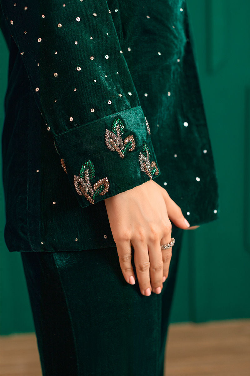 Deep Green Sequin Cutdana Velvet Jacket & Bell Bottoms (2-Piece) - Image 7