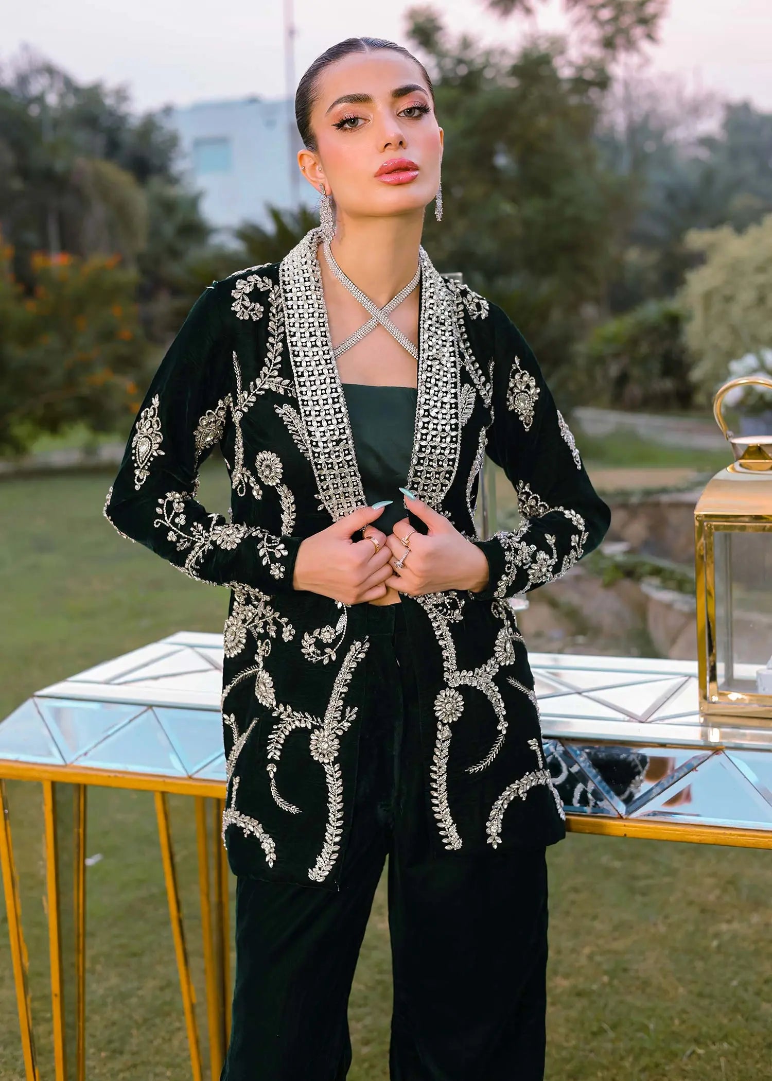 Emerald Green Stone Embellished Velvet Jacket Set (3-Piece) - Image 2