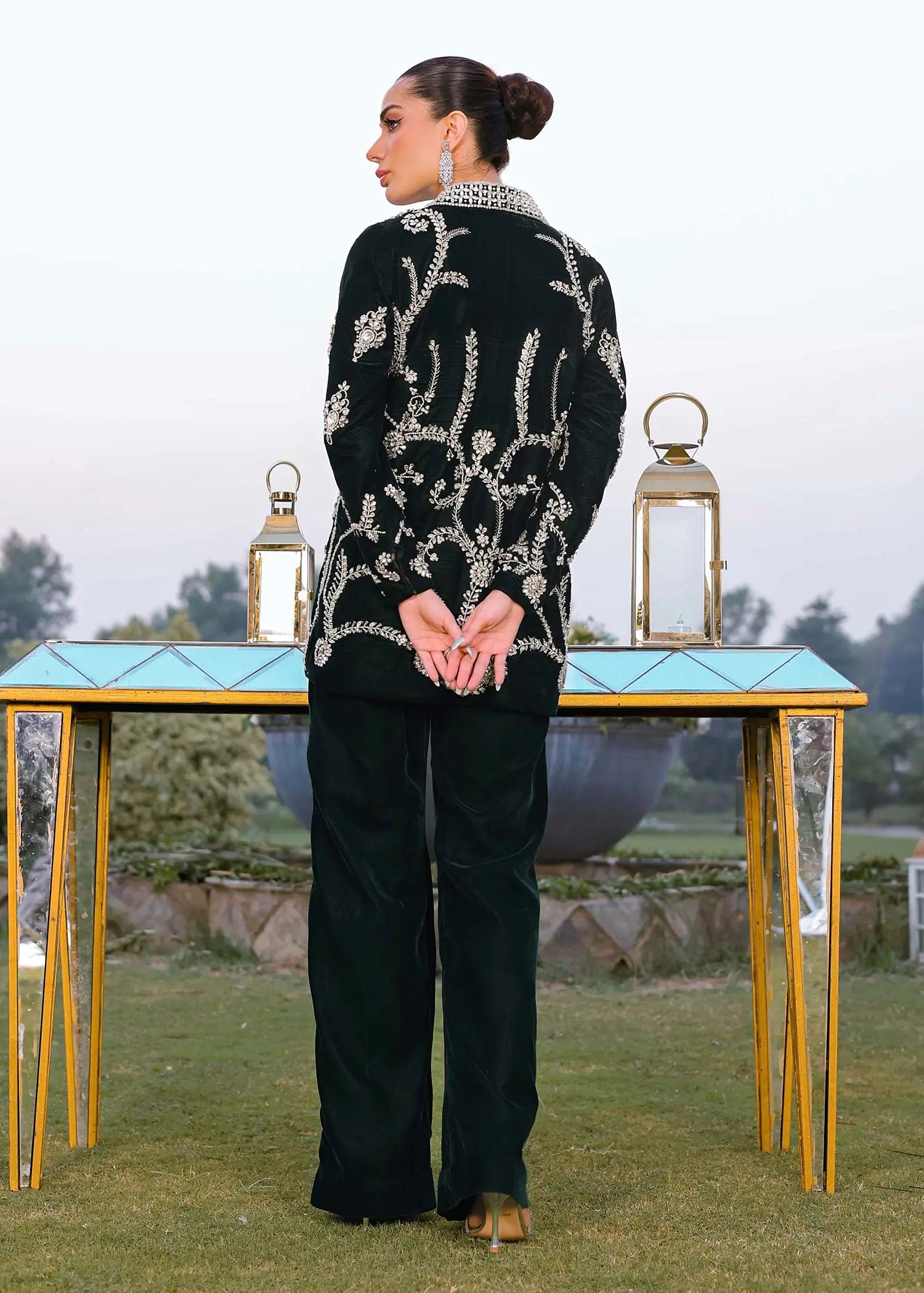 Emerald Green Stone Embellished Velvet Jacket Set (3-Piece) - Image 3