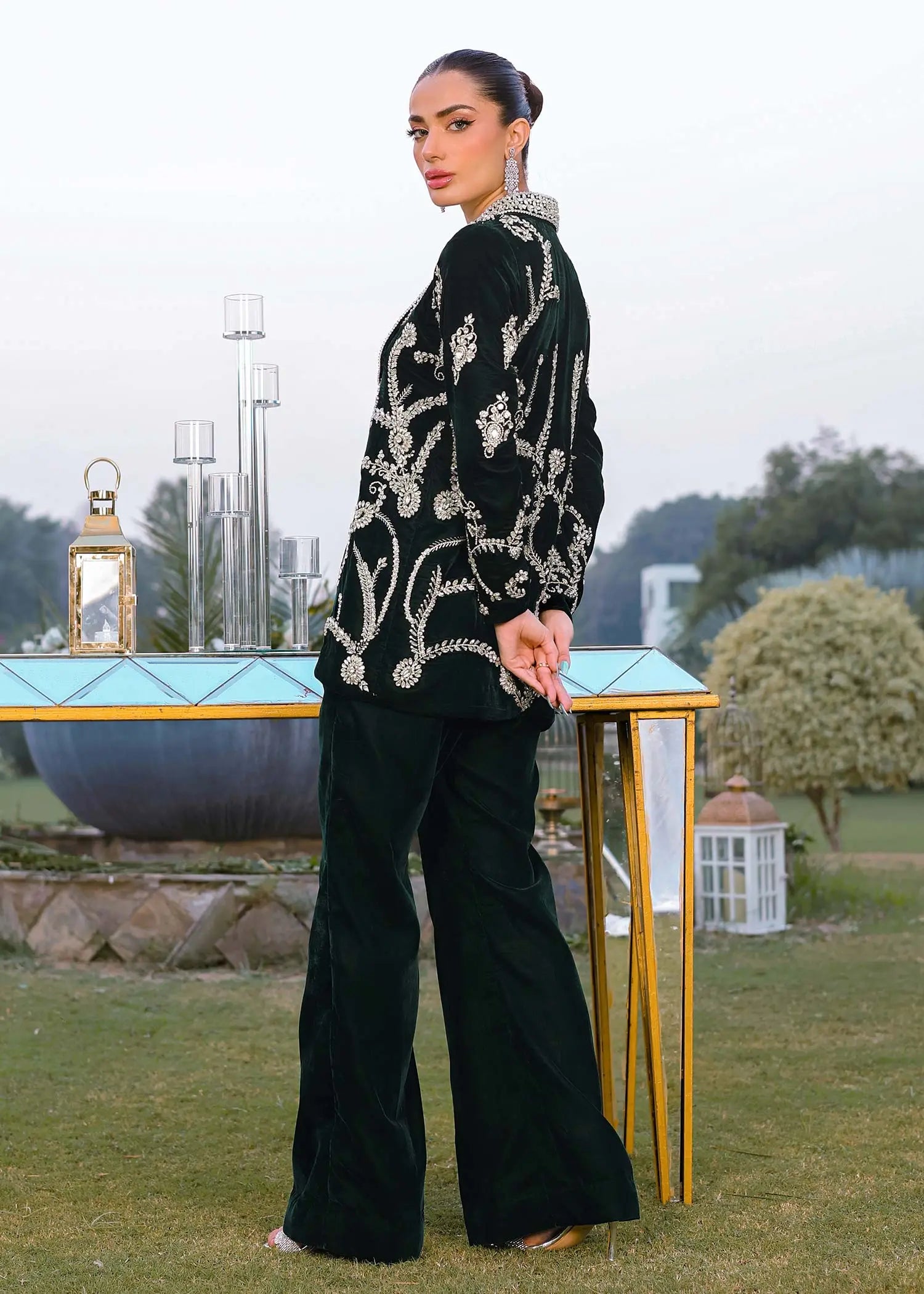 Emerald Green Stone Embellished Velvet Jacket Set (3-Piece) - Image 4