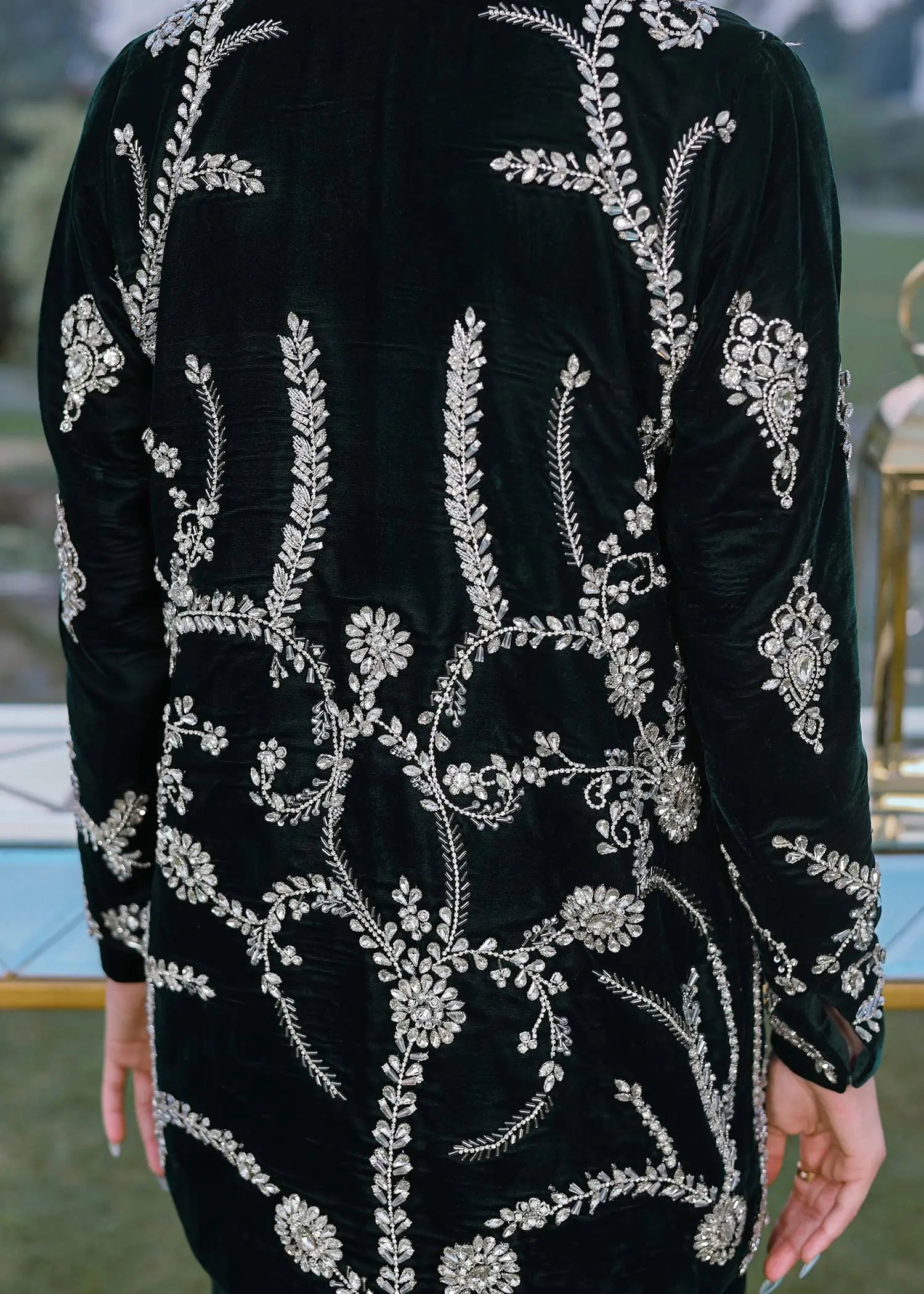 Emerald Green Stone Embellished Velvet Jacket Set (3-Piece) - Image 7