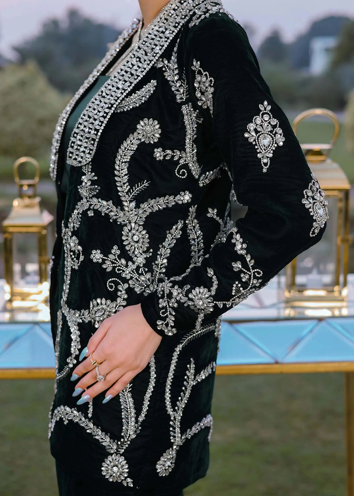 Emerald Green Stone Embellished Velvet Jacket Set (3-Piece) - Image 8