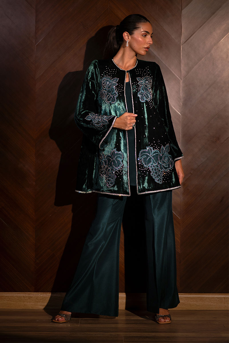 Emerald Embellished Velvet Jacket with Raw Silk Trousers (2-Piece) - Image 1