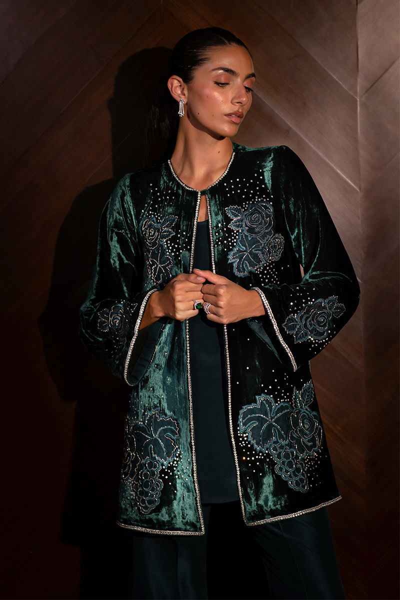 Emerald Embellished Velvet Jacket with Raw Silk Trousers (2-Piece) - Image 2