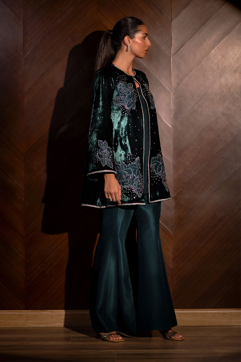 Emerald Embellished Velvet Jacket with Raw Silk Trousers (2-Piece) - Image 3
