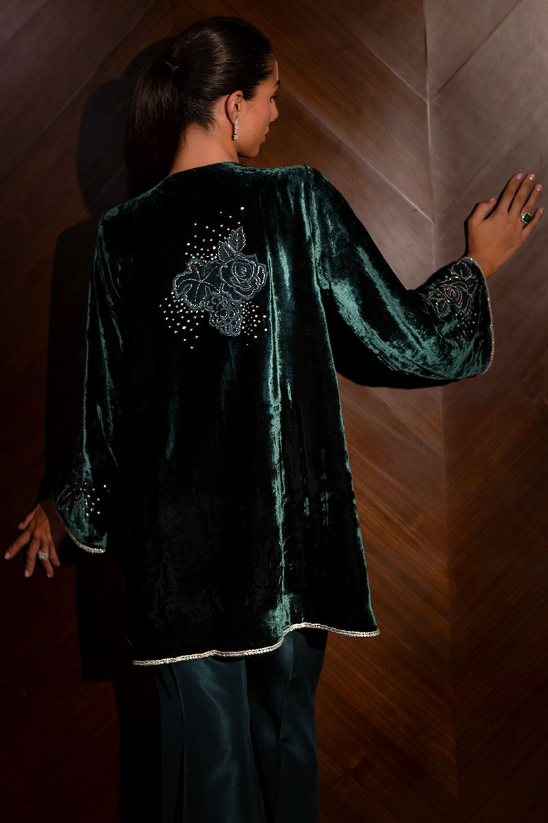 Emerald Embellished Velvet Jacket with Raw Silk Trousers (2-Piece) - Image 4