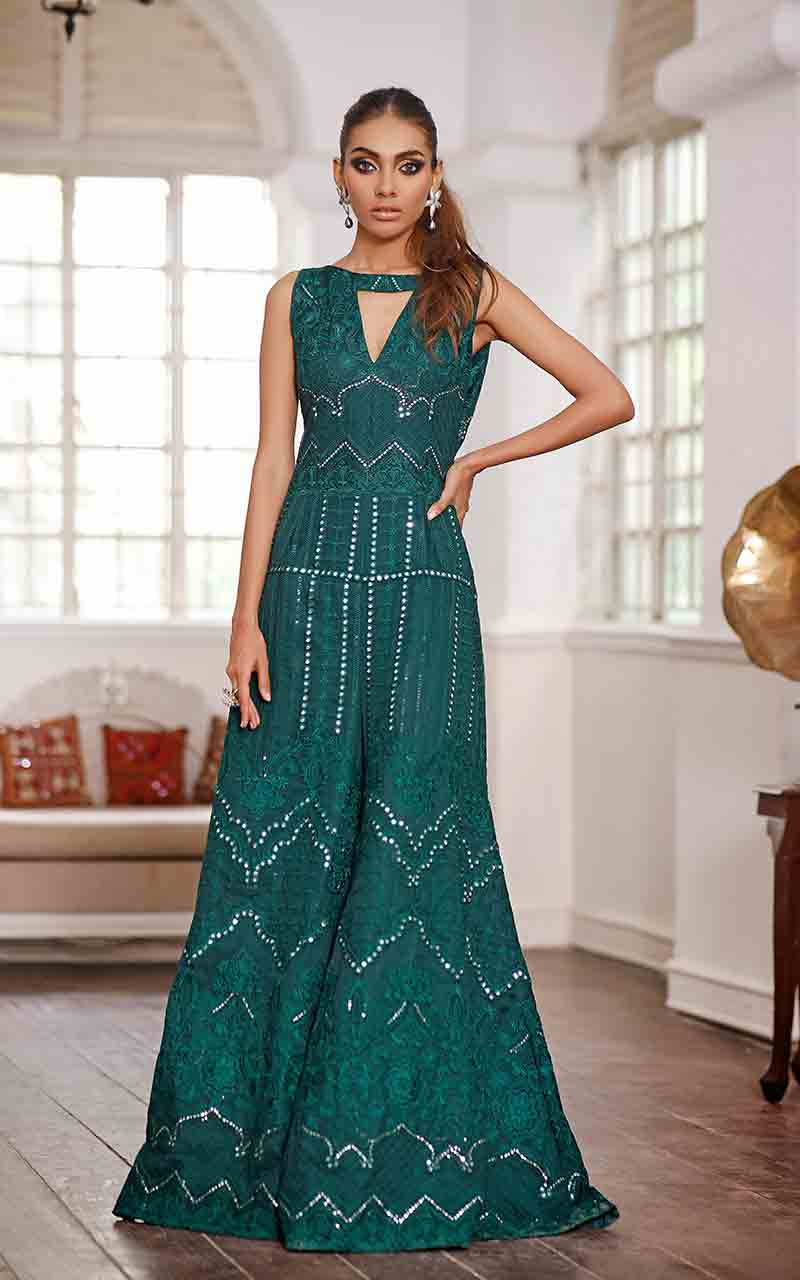 Pakistani Bottle Green Embroidered Organza Flared Jumpsuit (1-Pc) - Image 1