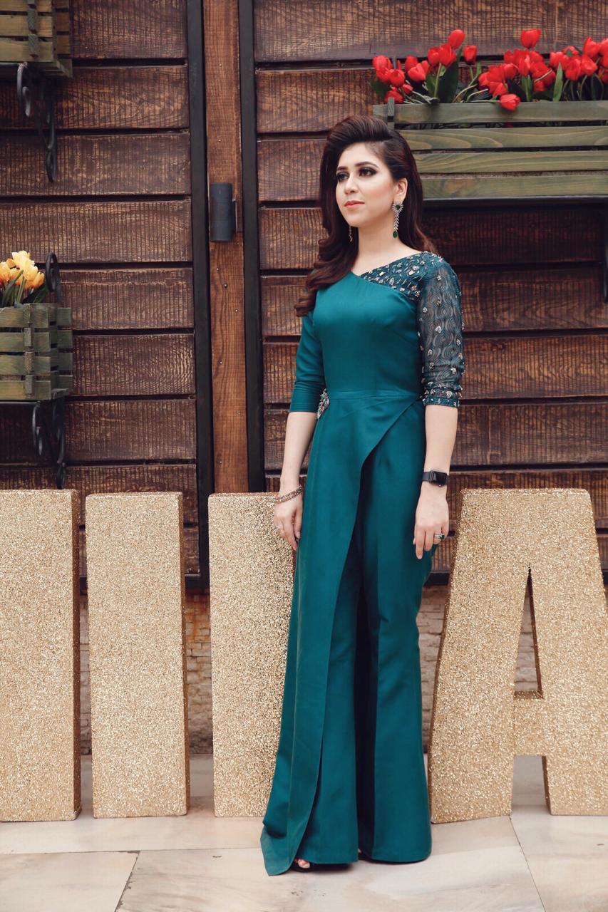 Emerald Green Embellished Raw Silk Jumpsuit (1-Pc) - Image 1
