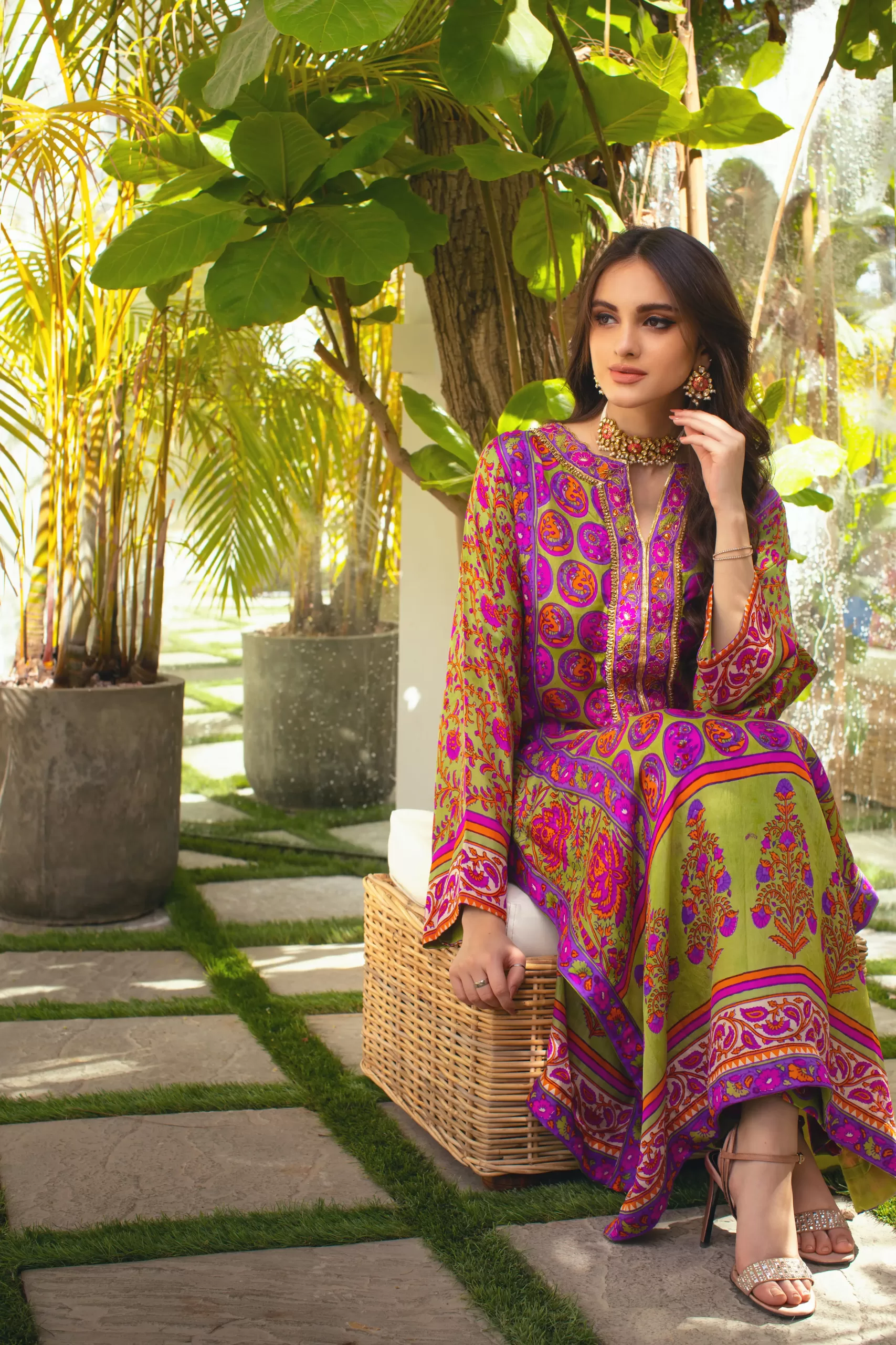 Green Block Printed Kaftan with Embroidered Placket (2-Piece) - Image 3