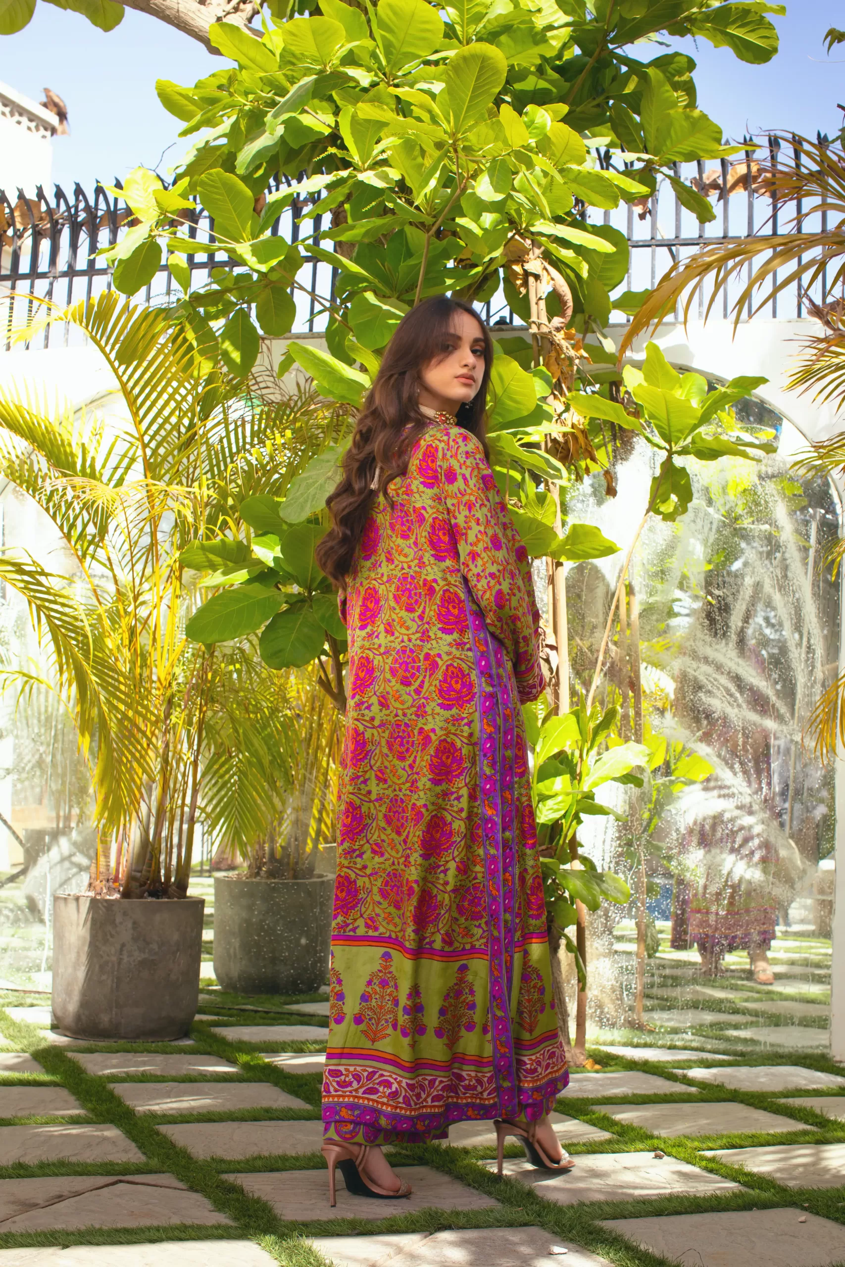 Green Block Printed Kaftan with Embroidered Placket (2-Piece) - Image 4