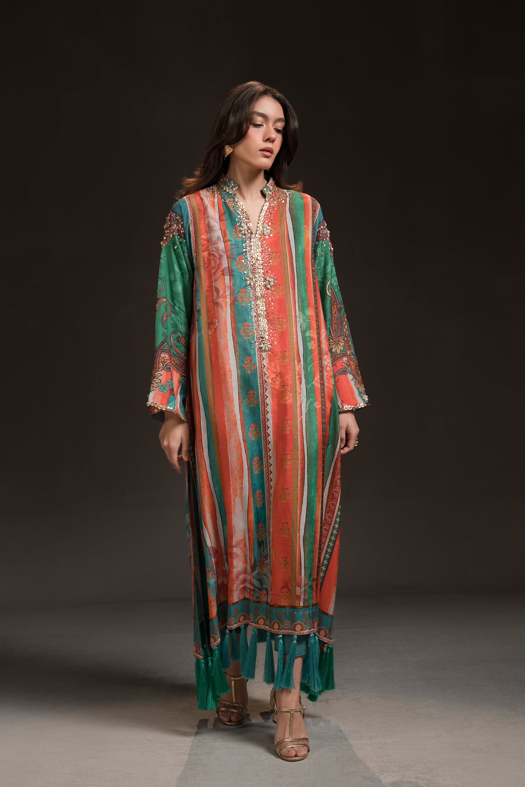 Green Hand-Embellished Blended Raw Silk Kaftan (3-Piece) - Image 1