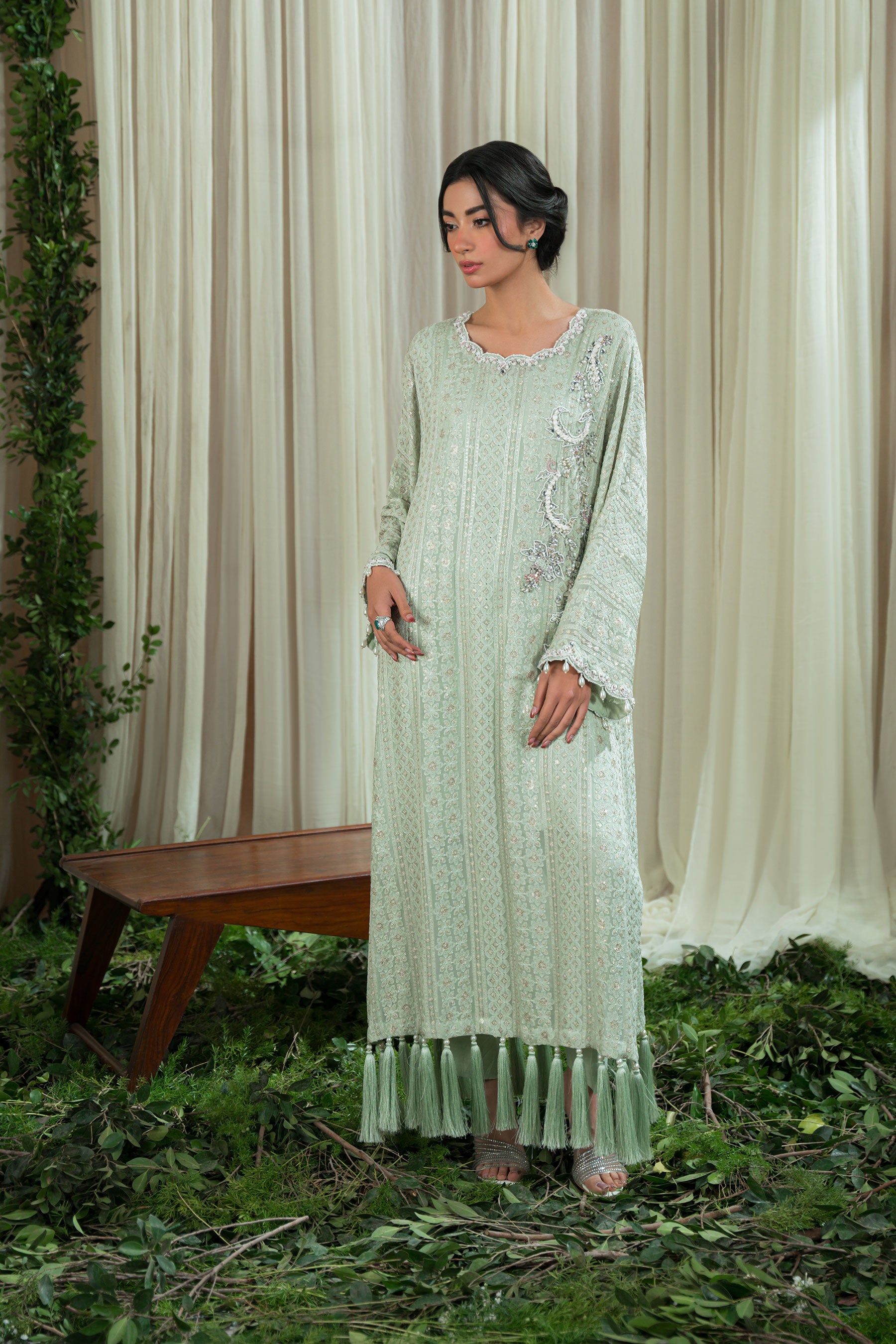 Pakistani Mint Chikankari Blended Silk Kaftan Set (3-Piece) - Image 1
