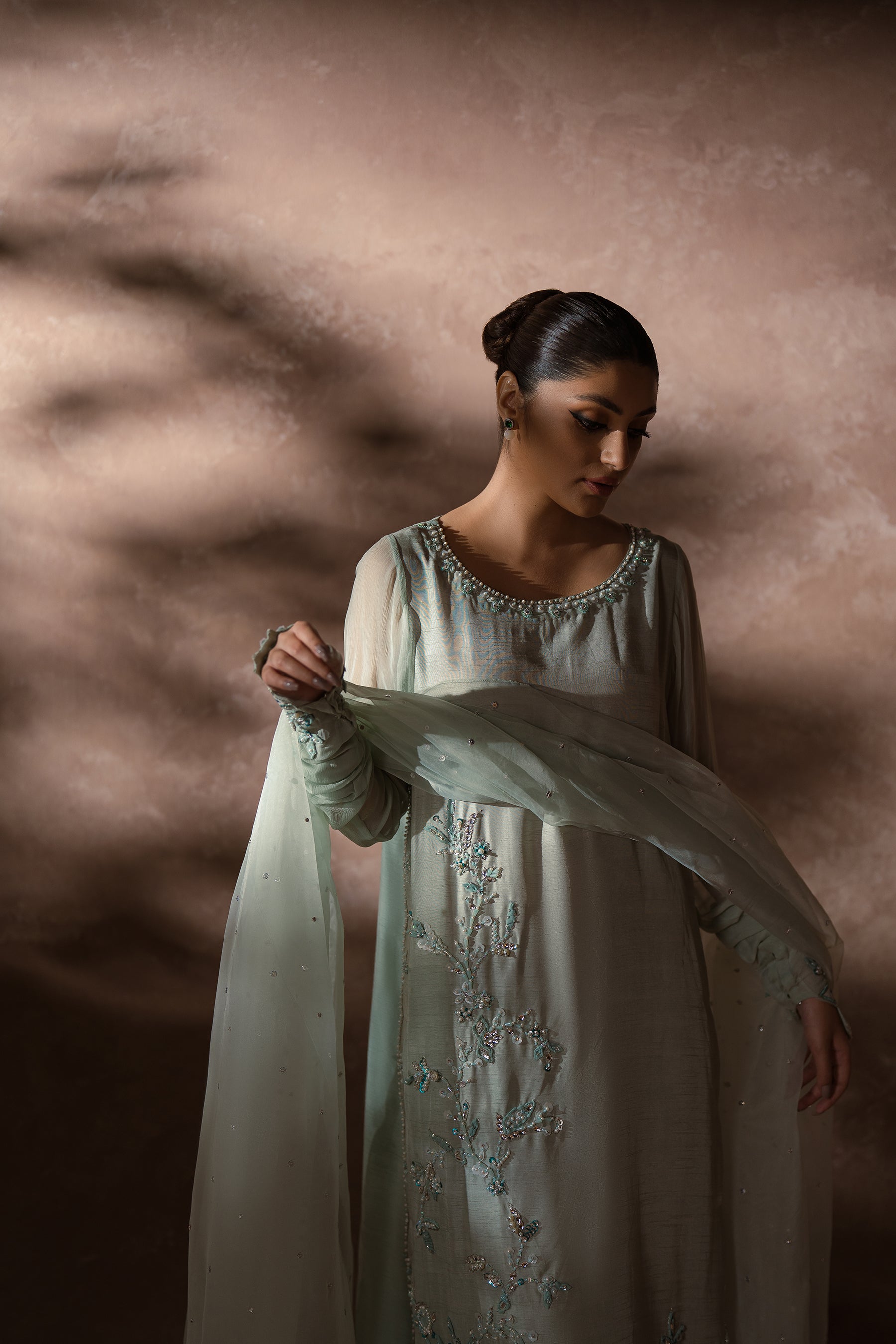 Mint Embroidered Blended Silk Kaftan (3-Piece) - Image 2