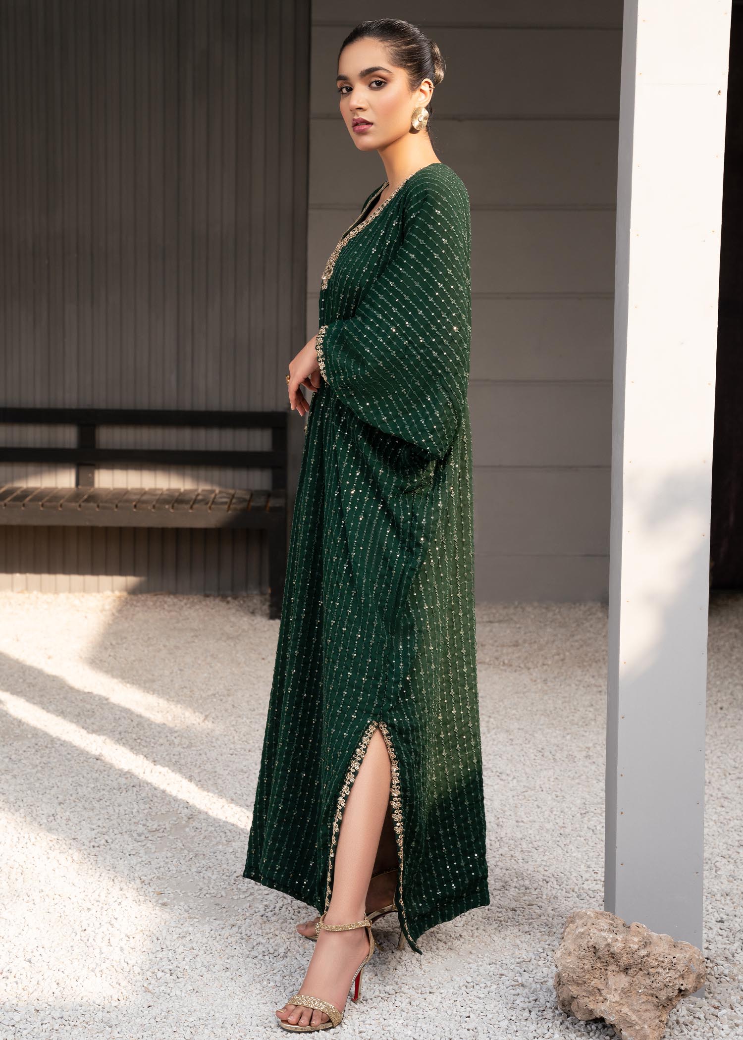 Dark Green Sequin Embroidered Chiffon Kaftan (1-Pc) - Image 3