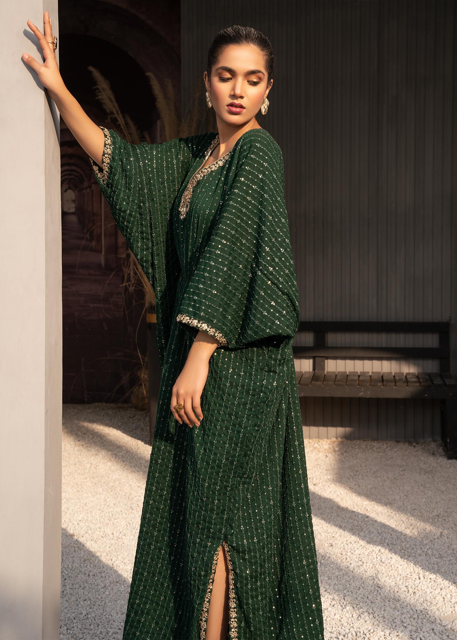 Dark Green Sequin Embroidered Chiffon Kaftan (1-Pc) - Image 4