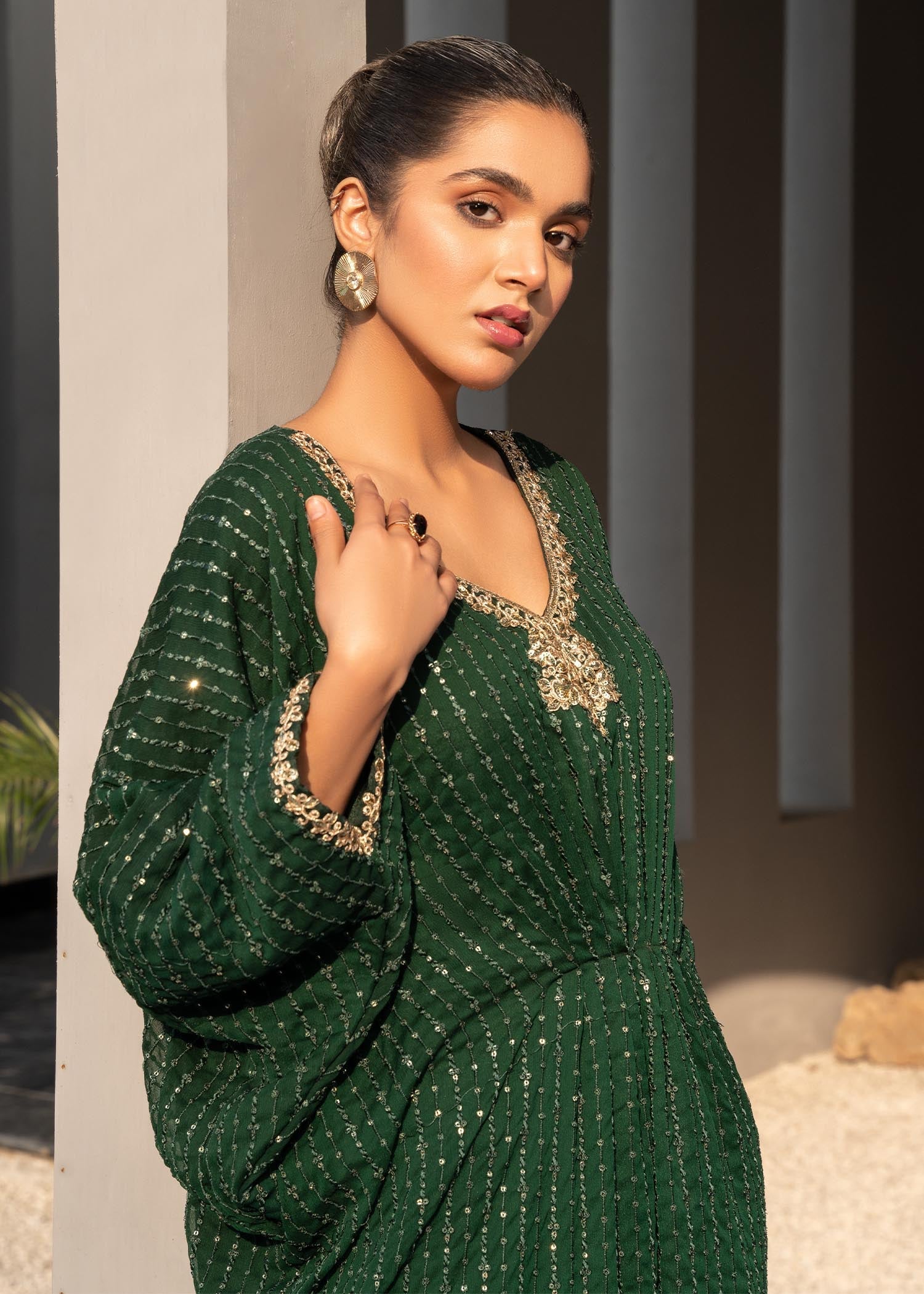 Dark Green Sequin Embroidered Chiffon Kaftan (1-Pc) - Image 5