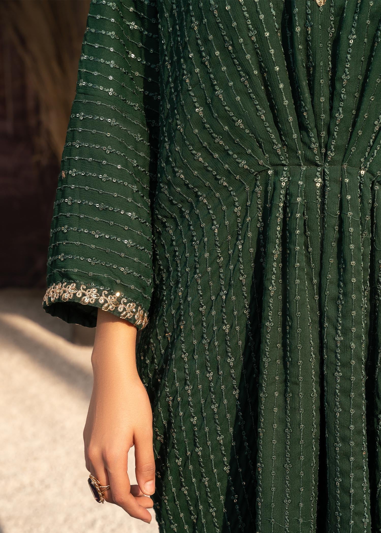 Dark Green Sequin Embroidered Chiffon Kaftan (1-Pc) - Image 7
