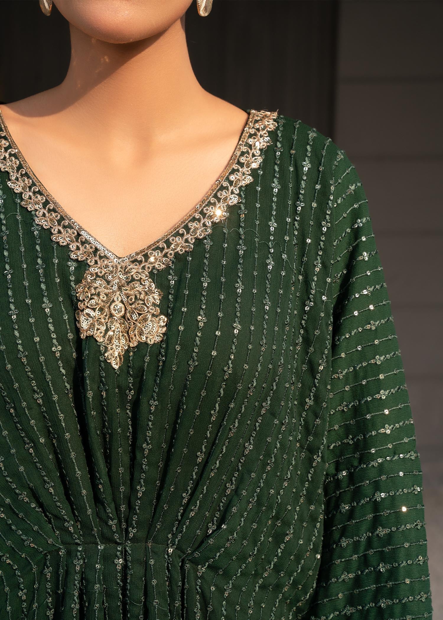 Dark Green Sequin Embroidered Chiffon Kaftan (1-Pc) - Image 8
