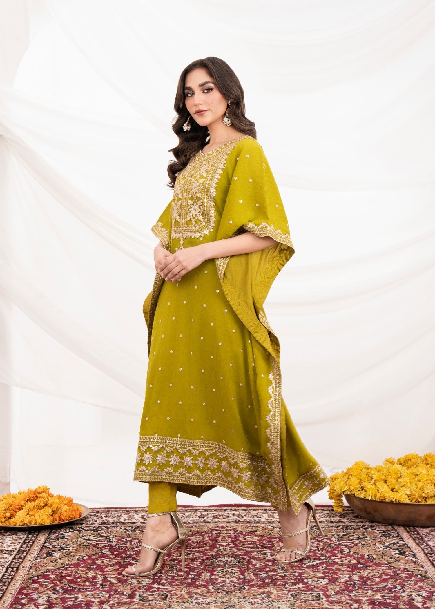 Pakistani Olive Green Embroidered Chiffon Kaftan Suit (2-Piece) - Image 1