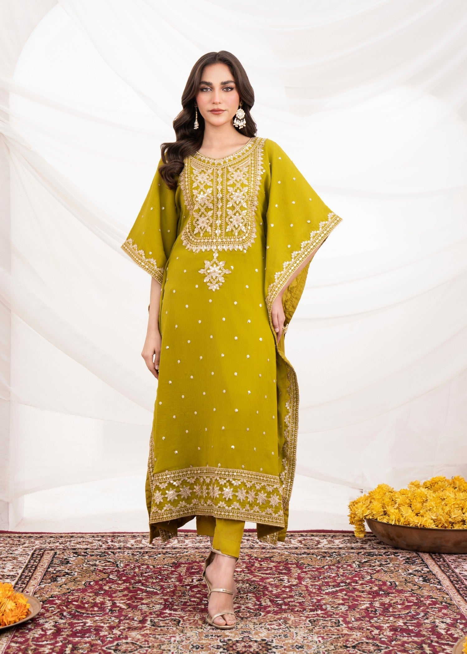 Pakistani Olive Green Embroidered Chiffon Kaftan Suit (2-Piece) - Image 2