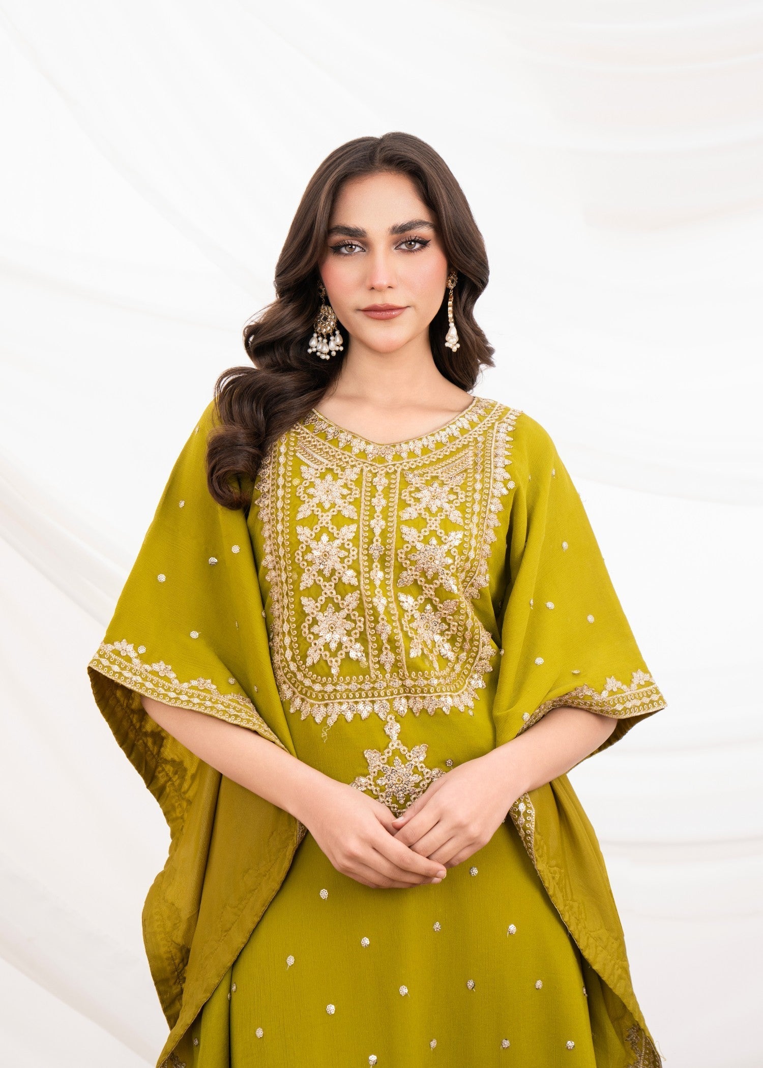 Pakistani Olive Green Embroidered Chiffon Kaftan Suit (2-Piece) - Image 4