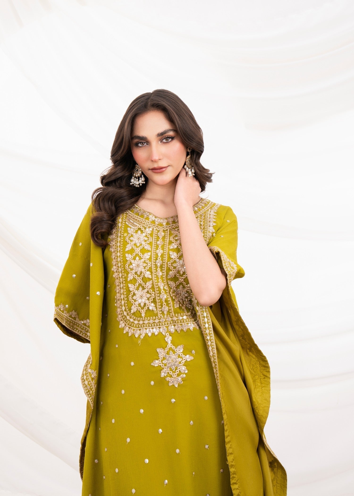 Pakistani Olive Green Embroidered Chiffon Kaftan Suit (2-Piece) - Image 5