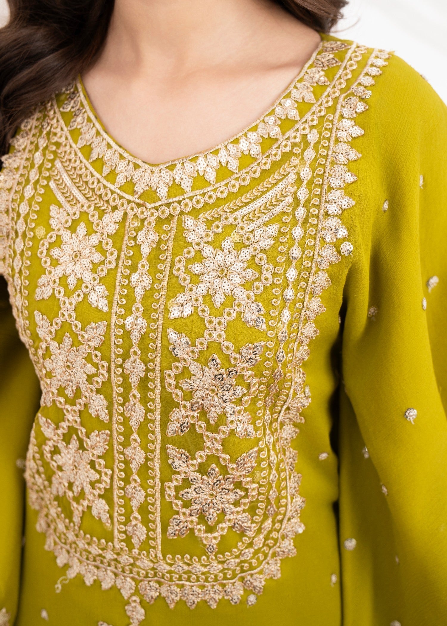 Pakistani Olive Green Embroidered Chiffon Kaftan Suit (2-Piece) - Image 6