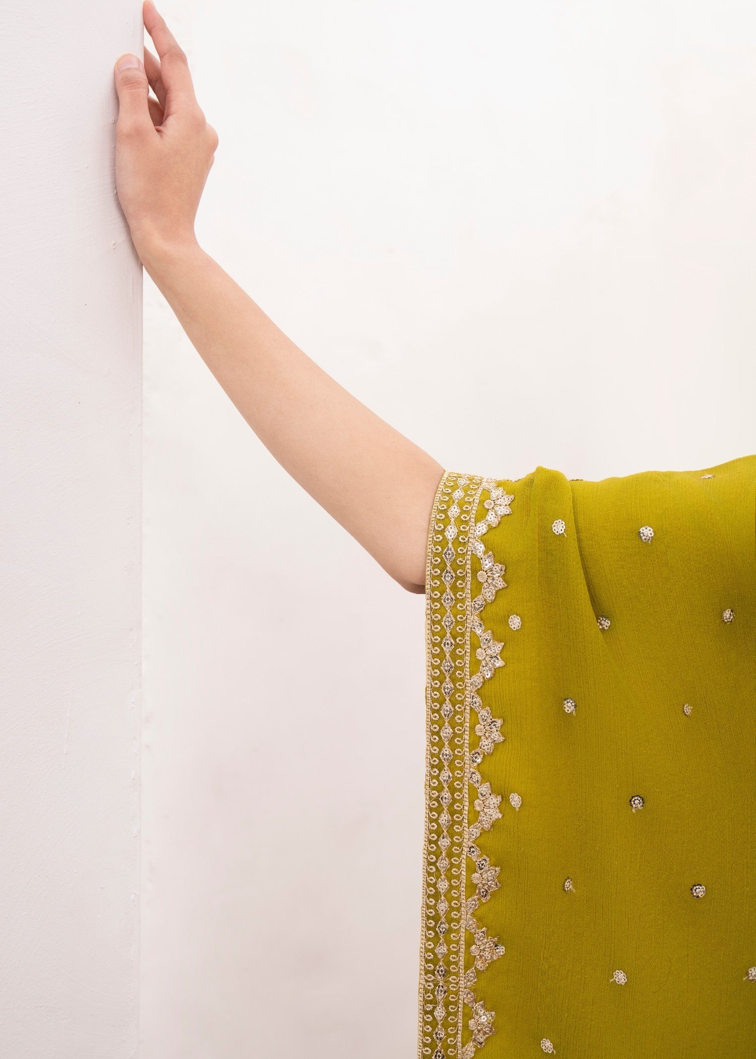 Pakistani Olive Green Embroidered Chiffon Kaftan Suit (2-Piece) - Image 7