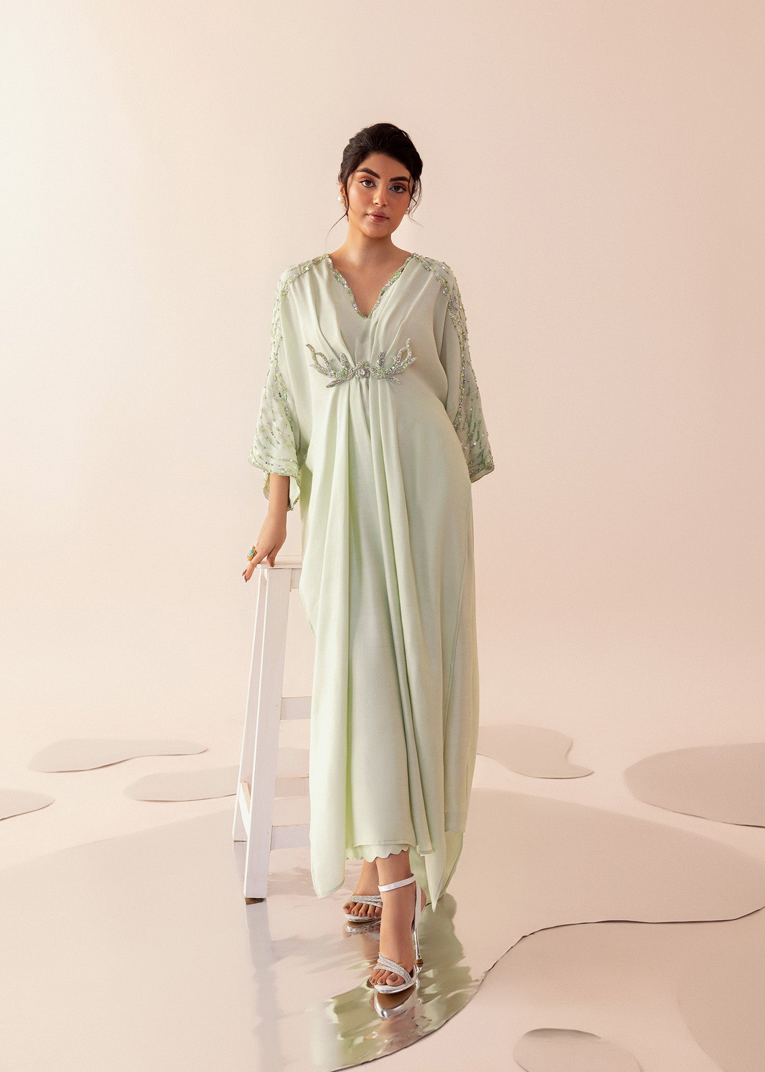 Pakistani Cool Mint Embroidered Cotton Net Kaftan (2-Piece) - Image 1