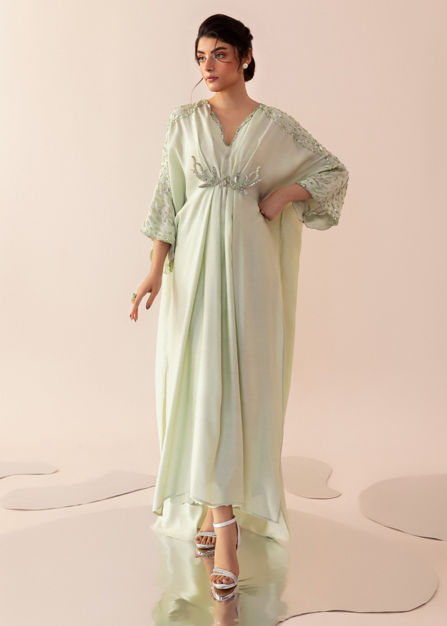 Pakistani Cool Mint Embroidered Cotton Net Kaftan (2-Piece) - Image 2