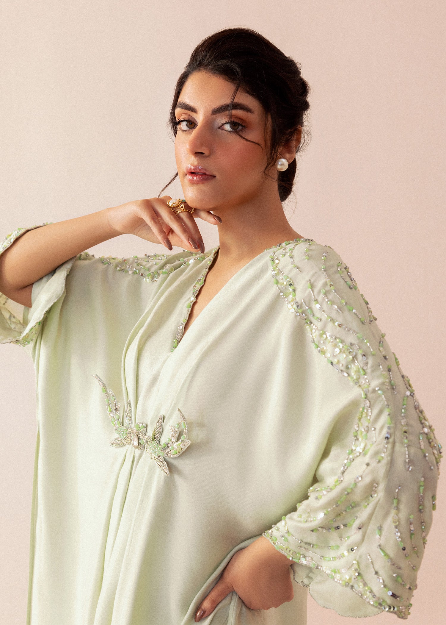 Pakistani Cool Mint Embroidered Cotton Net Kaftan (2-Piece) - Image 3