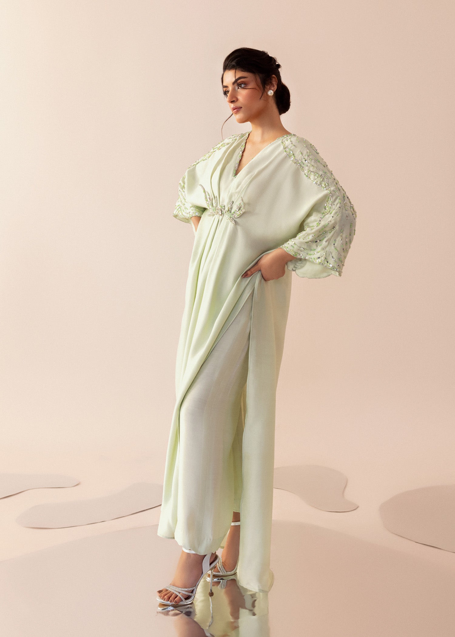 Pakistani Cool Mint Embroidered Cotton Net Kaftan (2-Piece) - Image 4