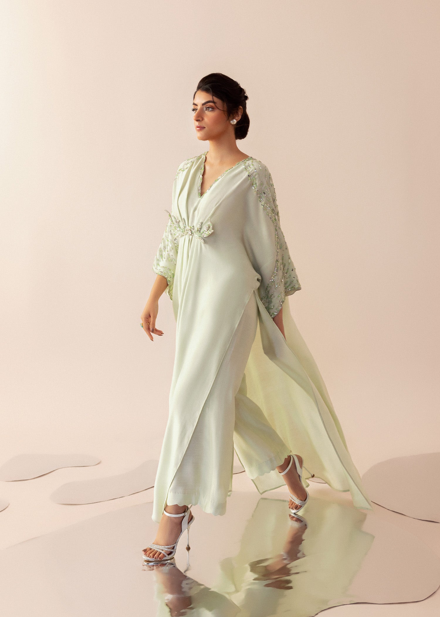 Pakistani Cool Mint Embroidered Cotton Net Kaftan (2-Piece) - Image 5