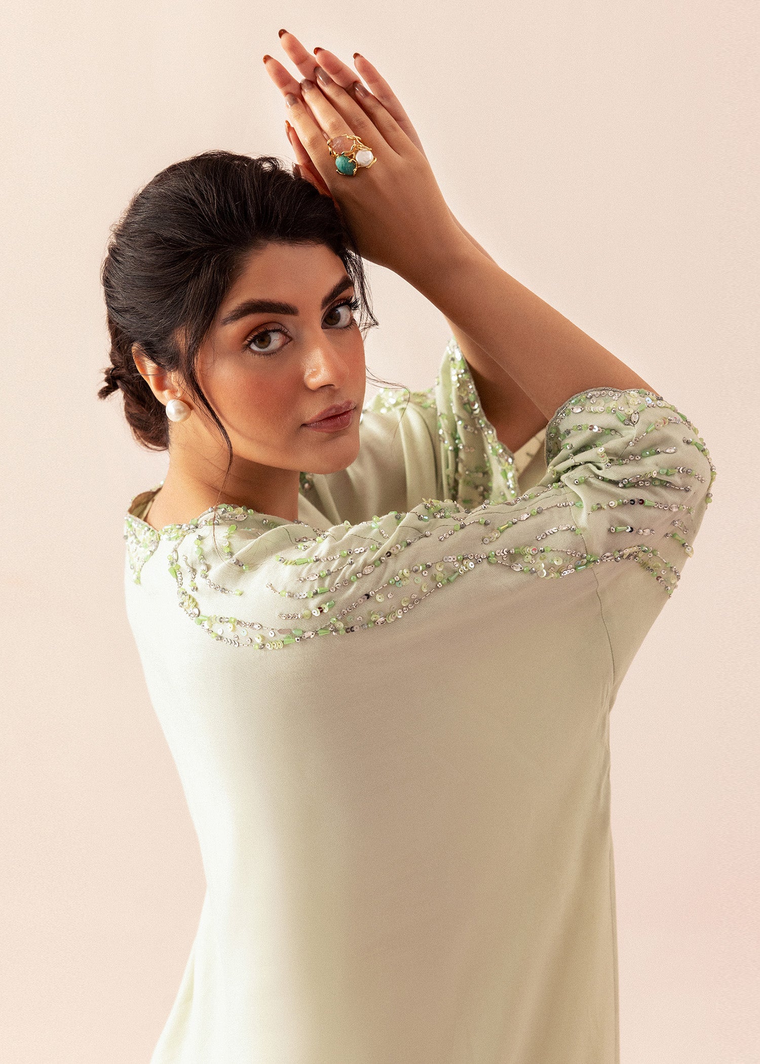 Pakistani Cool Mint Embroidered Cotton Net Kaftan (2-Piece) - Image 6