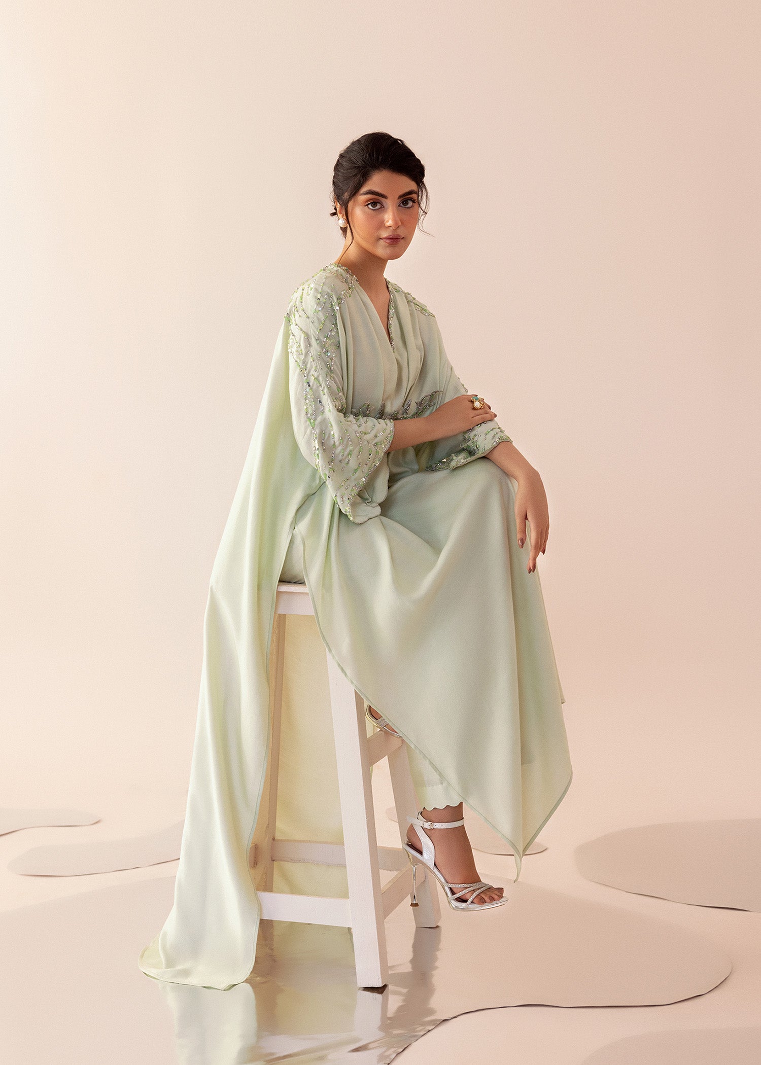Pakistani Cool Mint Embroidered Cotton Net Kaftan (2-Piece) - Image 7