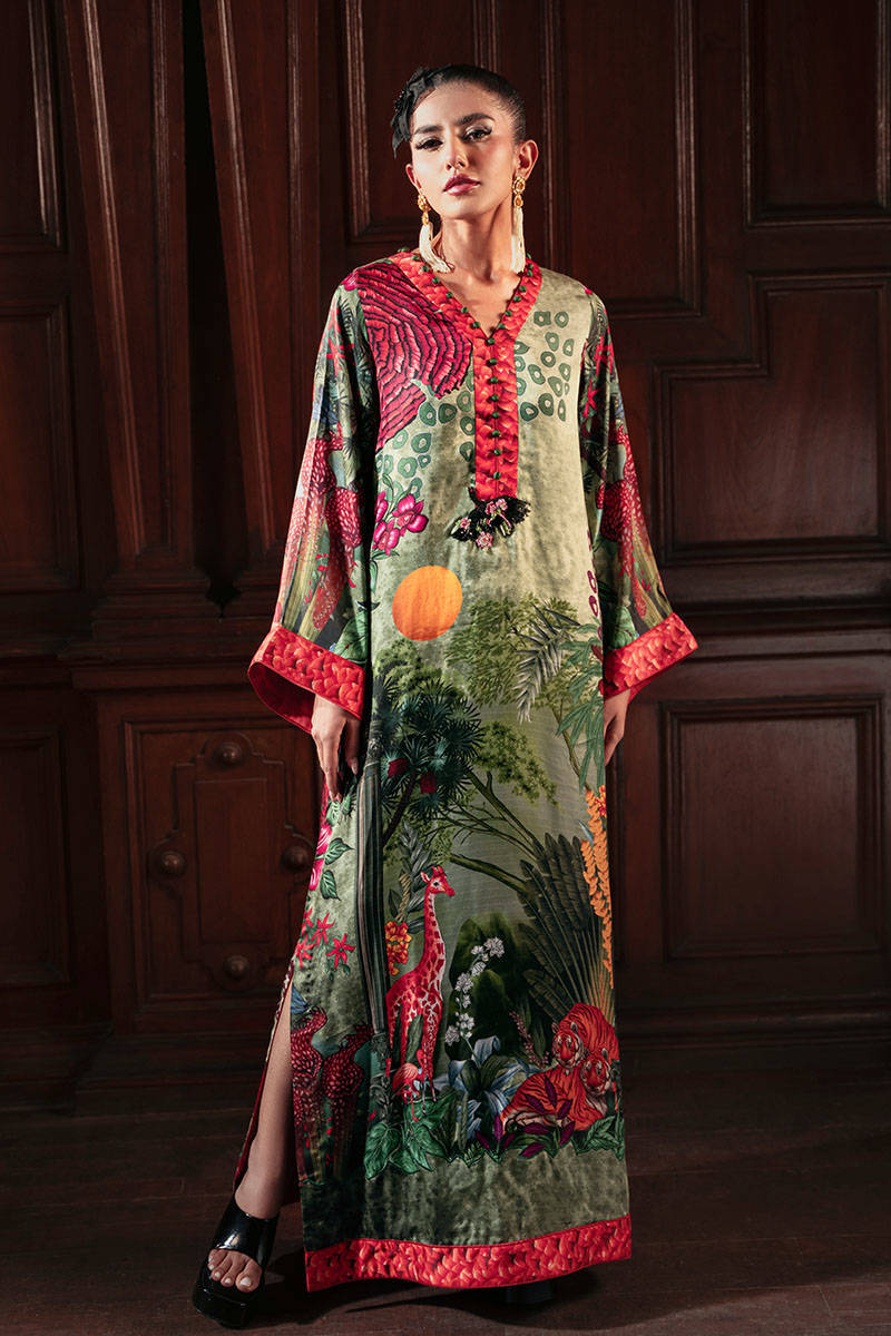 Pakistani Green Hand-Embellished Cotton Satin Kaftan (1-Pc) - Image 1