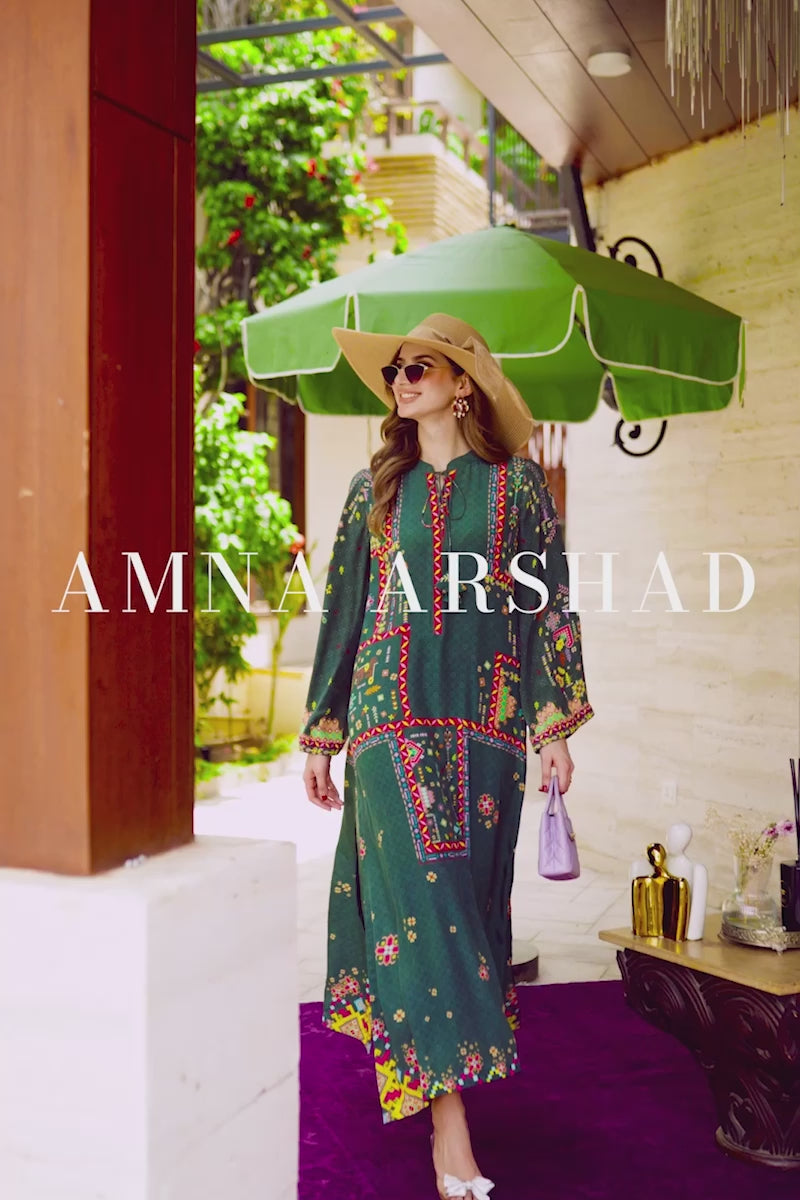 Deep Green Printed Crepe Silk Kaftan Kurta (2-Piece) - Image 10