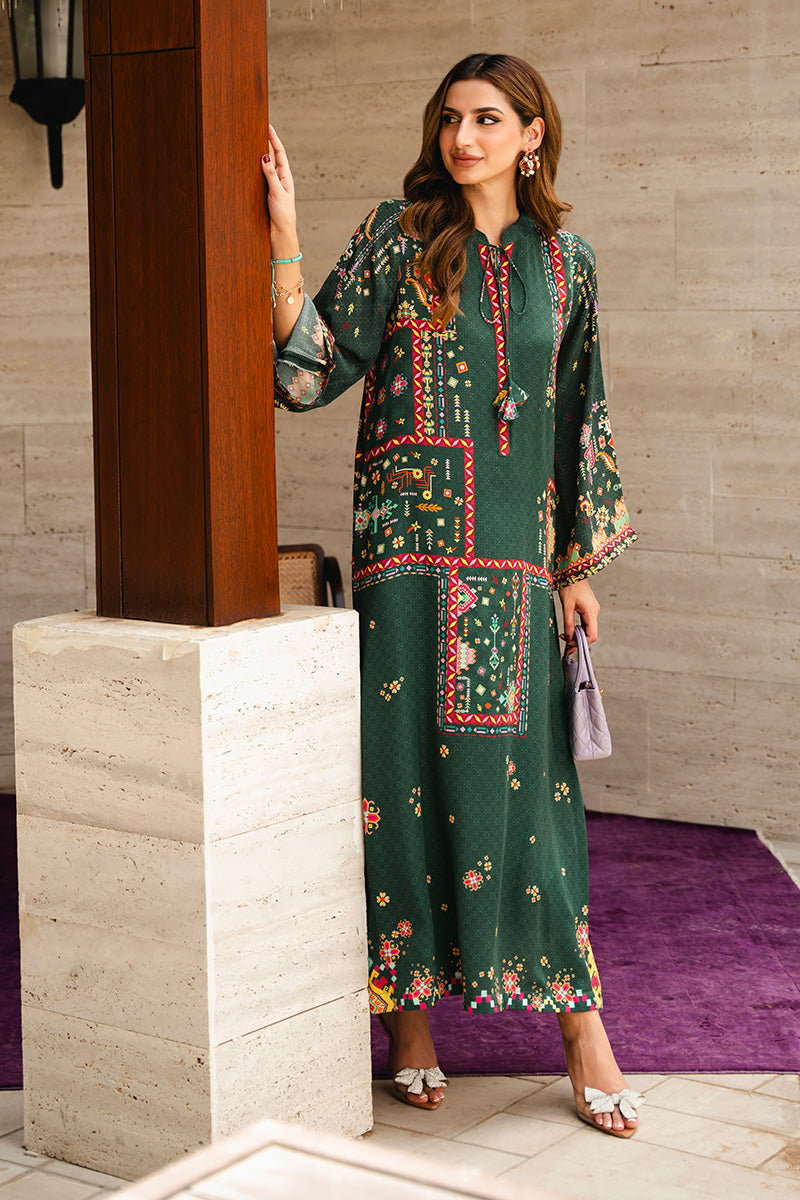 Deep Green Printed Crepe Silk Kaftan Kurta (2-Piece) - Image 5