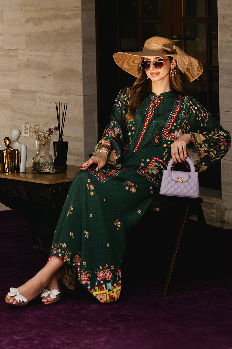 Deep Green Printed Crepe Silk Kaftan Kurta (2-Piece) - Image 9