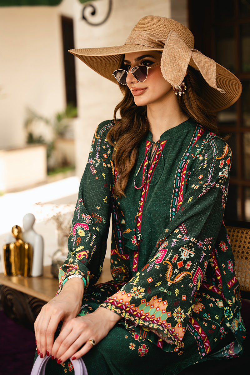 Pakistani Deep Green Printed Crepe Silk Kaftan Kurta (2-Piece) - Image 3