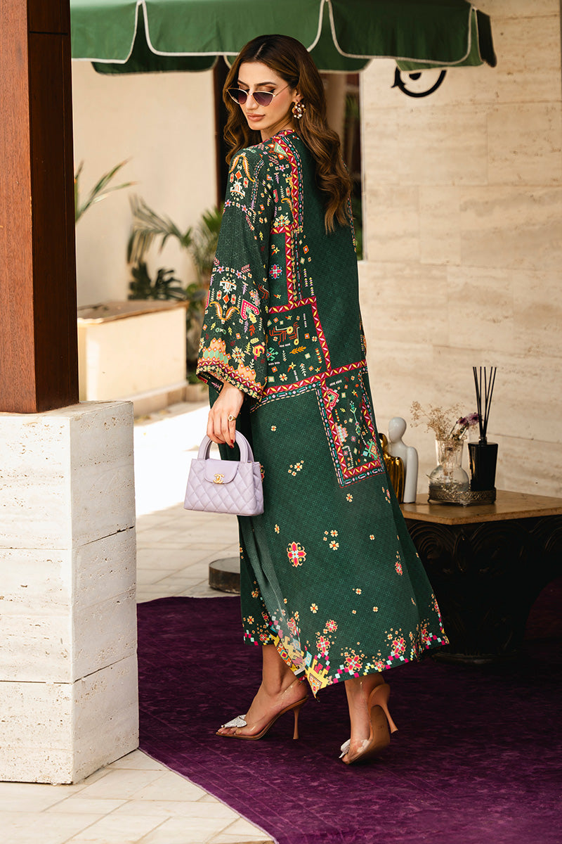 Pakistani Deep Green Printed Crepe Silk Kaftan Kurta (2-Piece) - Image 4