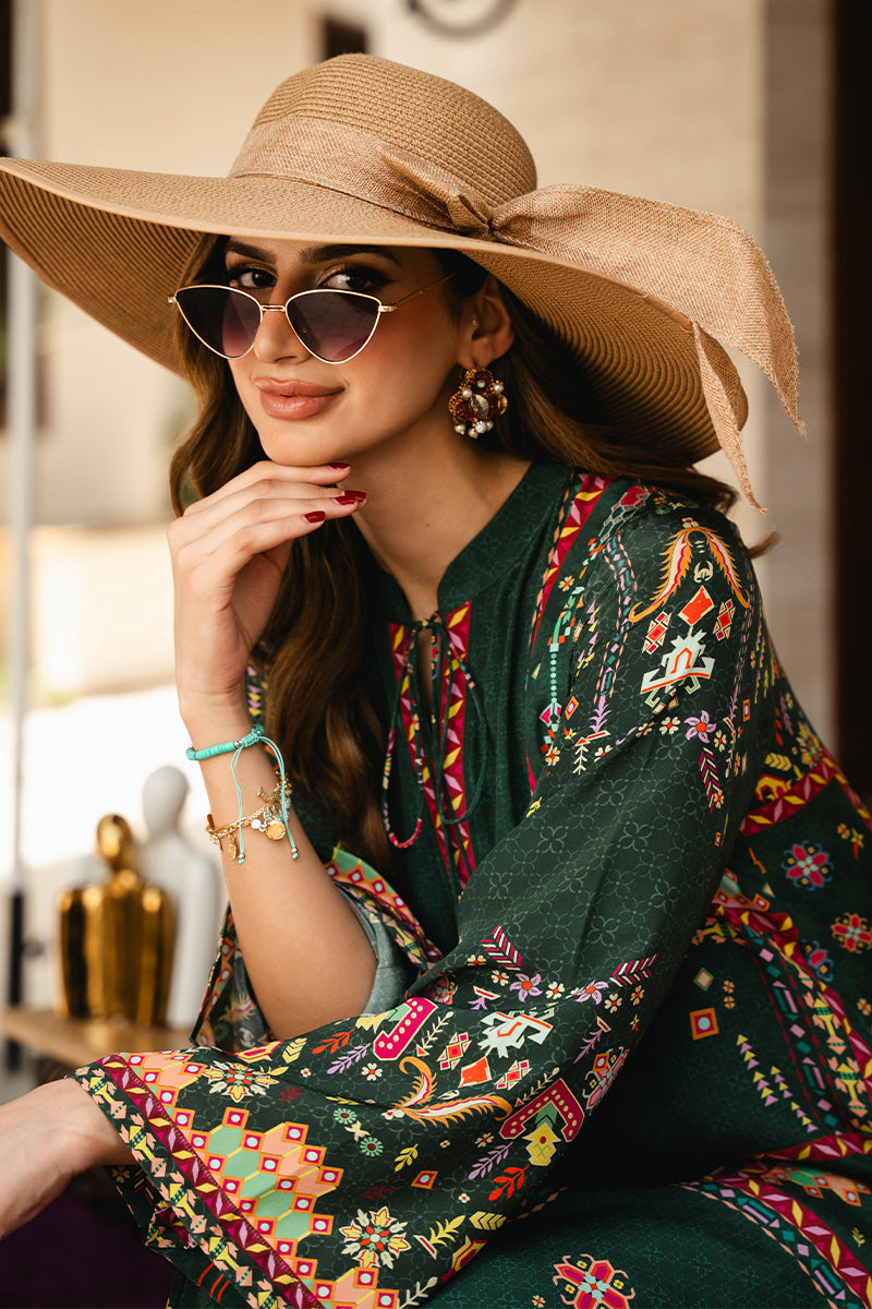 Pakistani Deep Green Printed Crepe Silk Kaftan Kurta (2-Piece) - Image 9