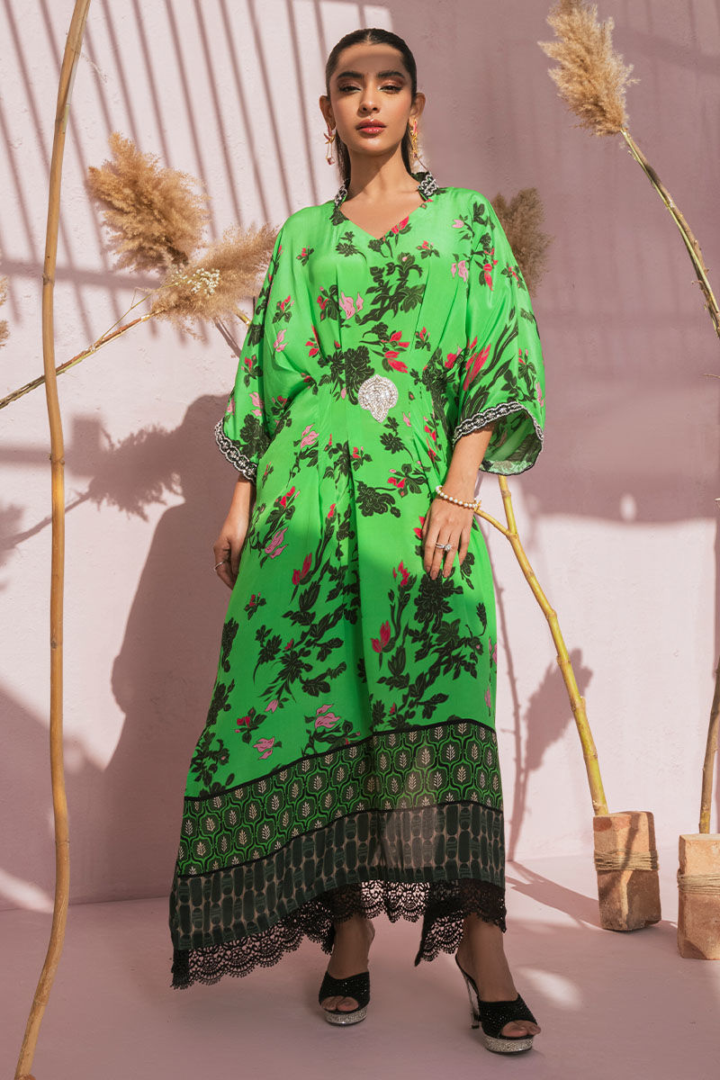 Pakistani Lime Green Printed Pure Crepe Silk Kaftan (1-Pc) - Image 10