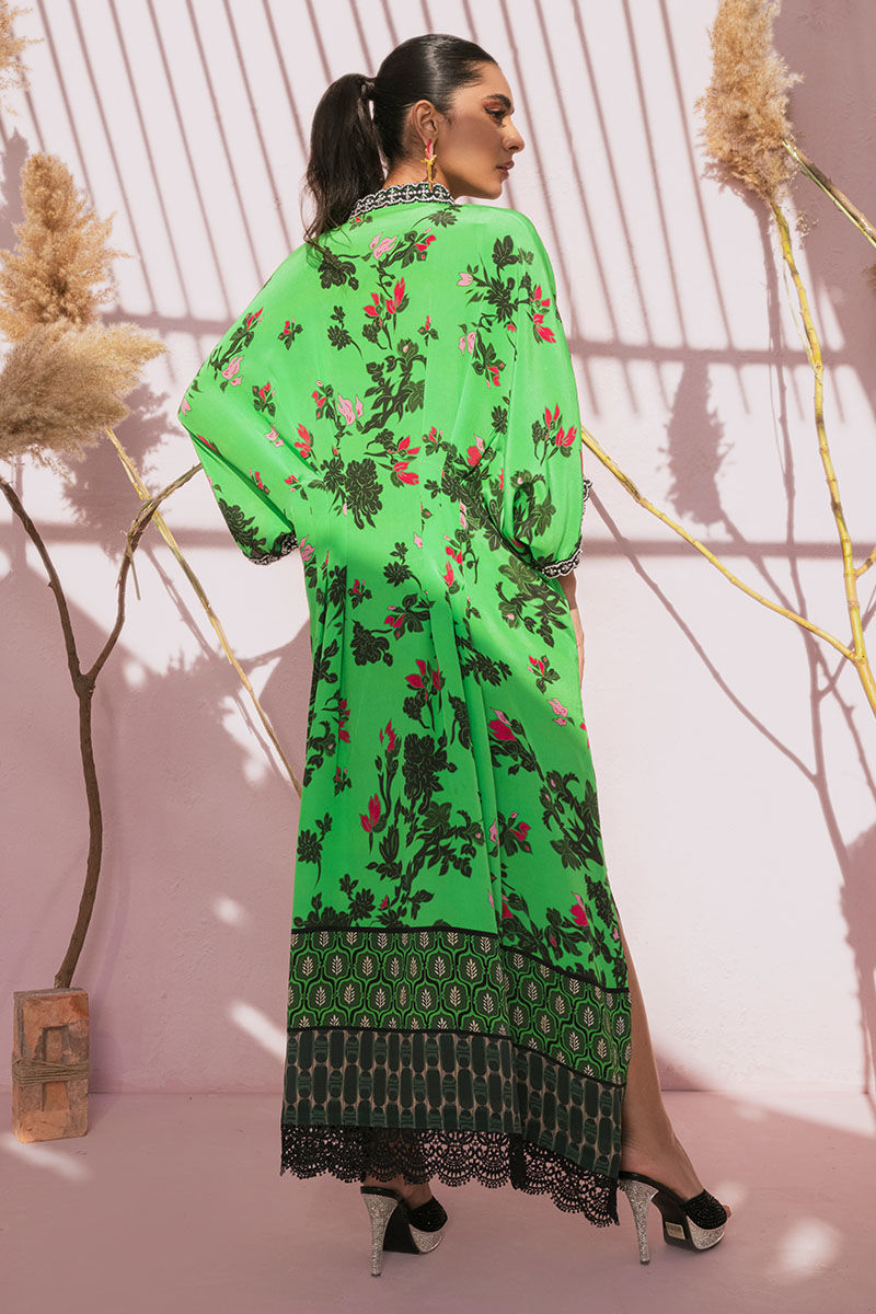 Pakistani Lime Green Printed Pure Crepe Silk Kaftan (1-Pc) - Image 11