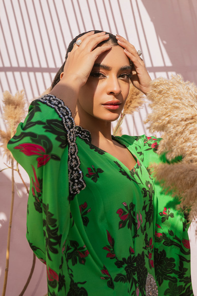 Pakistani Lime Green Printed Pure Crepe Silk Kaftan (1-Pc) - Image 5